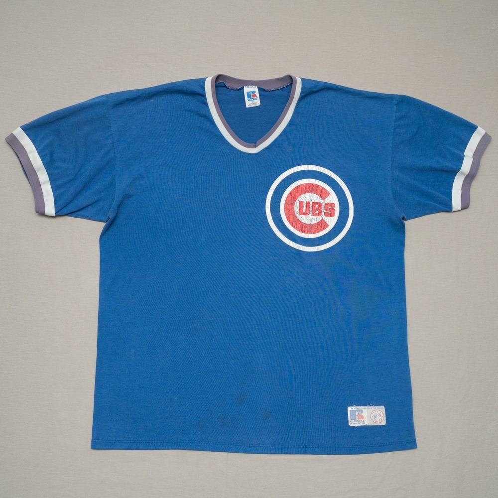 Vintage Russell Athletic Ringer Chicago Cubs T Shirt XL USA Made Blue V Neck